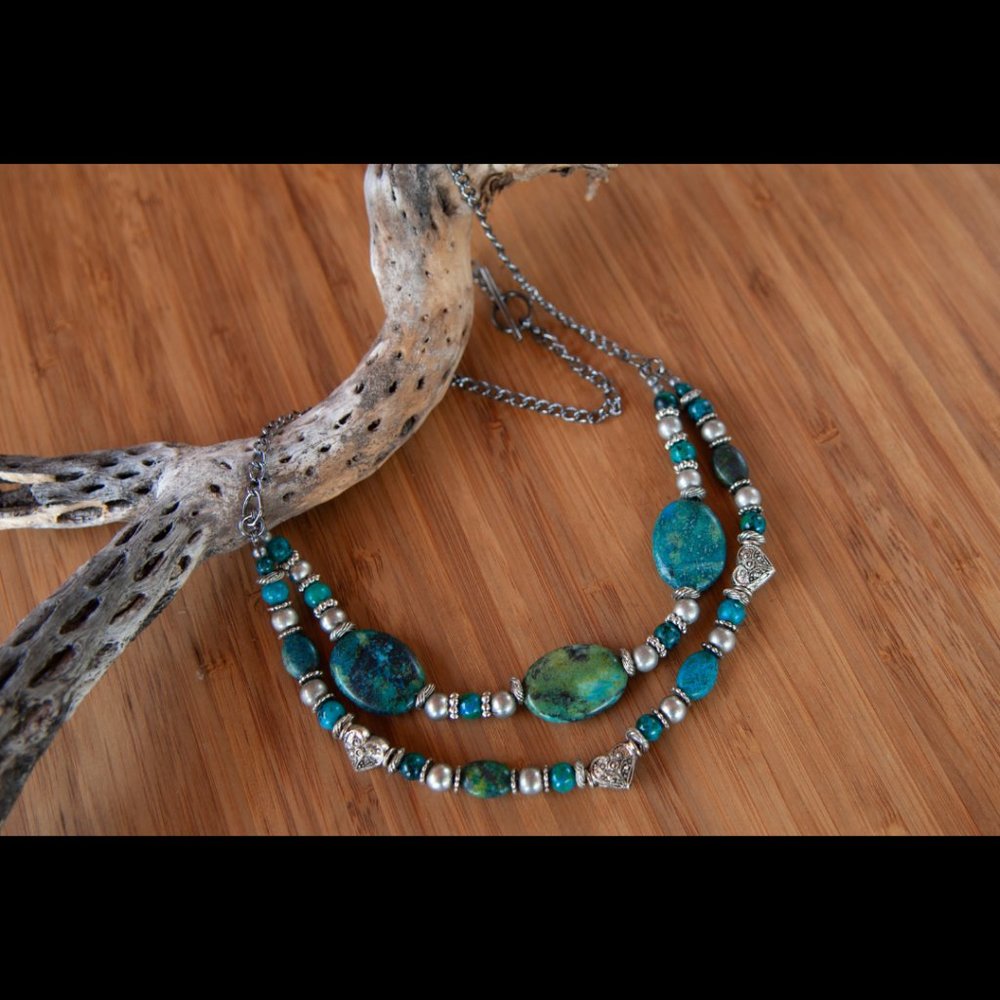 NEW HANDMADE - Double Strand Turquoise and Silver Tone Metal Beads - Picture 7 of 9